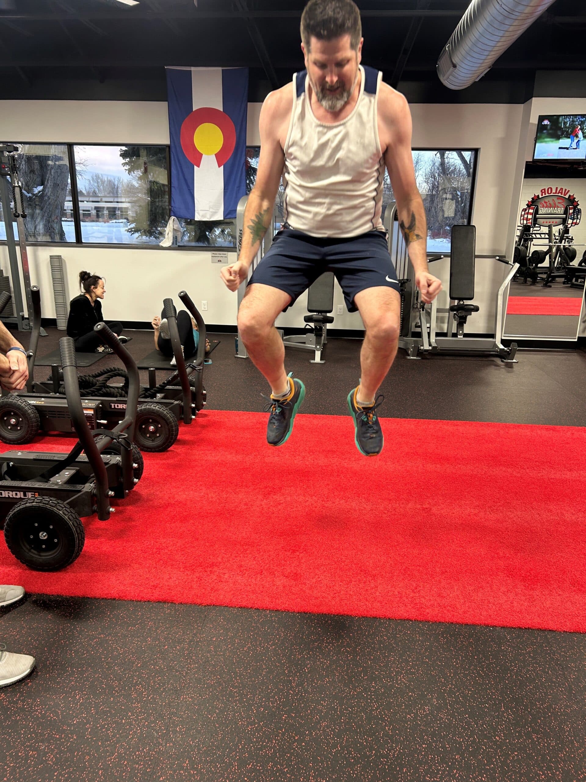 Andrew in the highest point of his vertical jump